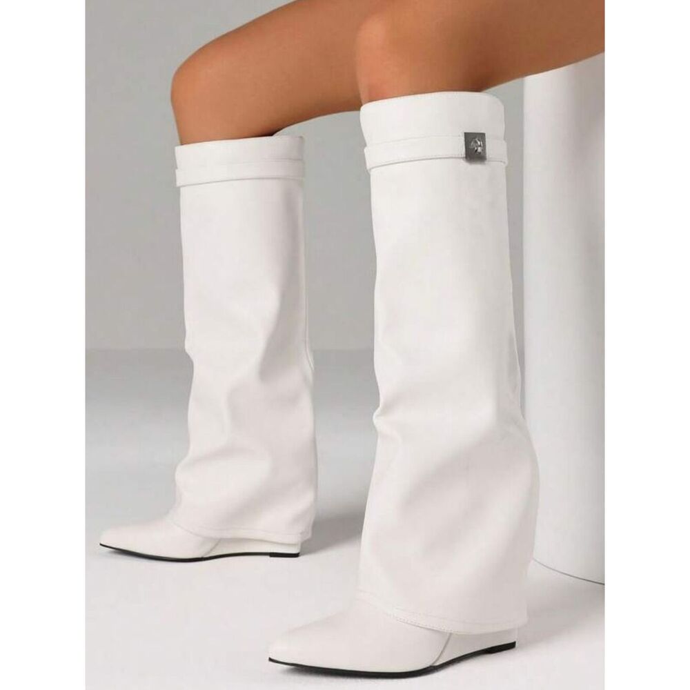 (S-4777) Women's Knee High Fold Over Shark Boots Wedgesl Boots Sz 7